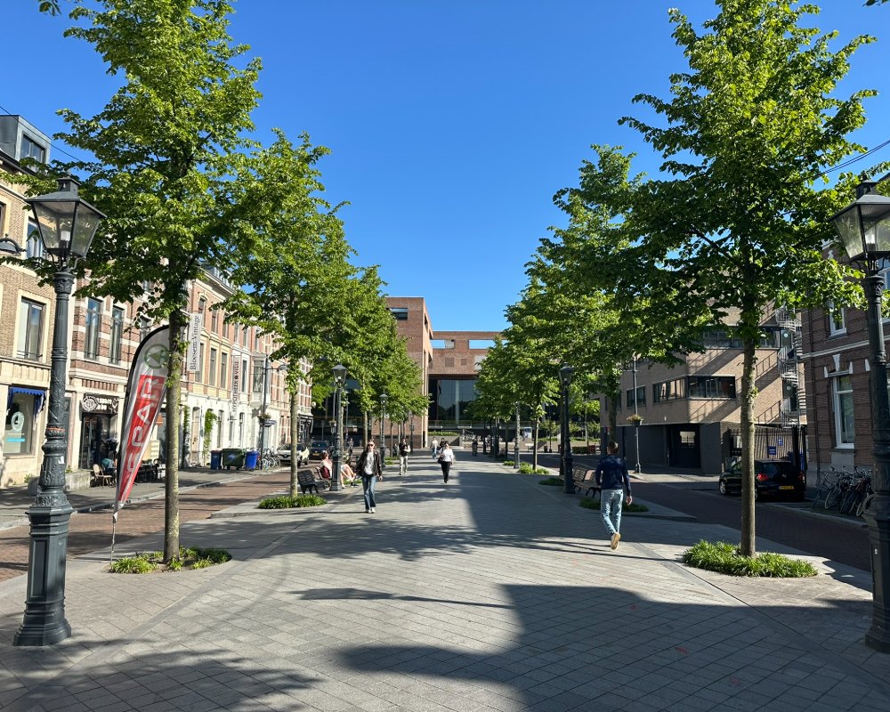 Een drukke winkelstraat in het centrum van Rotterdam